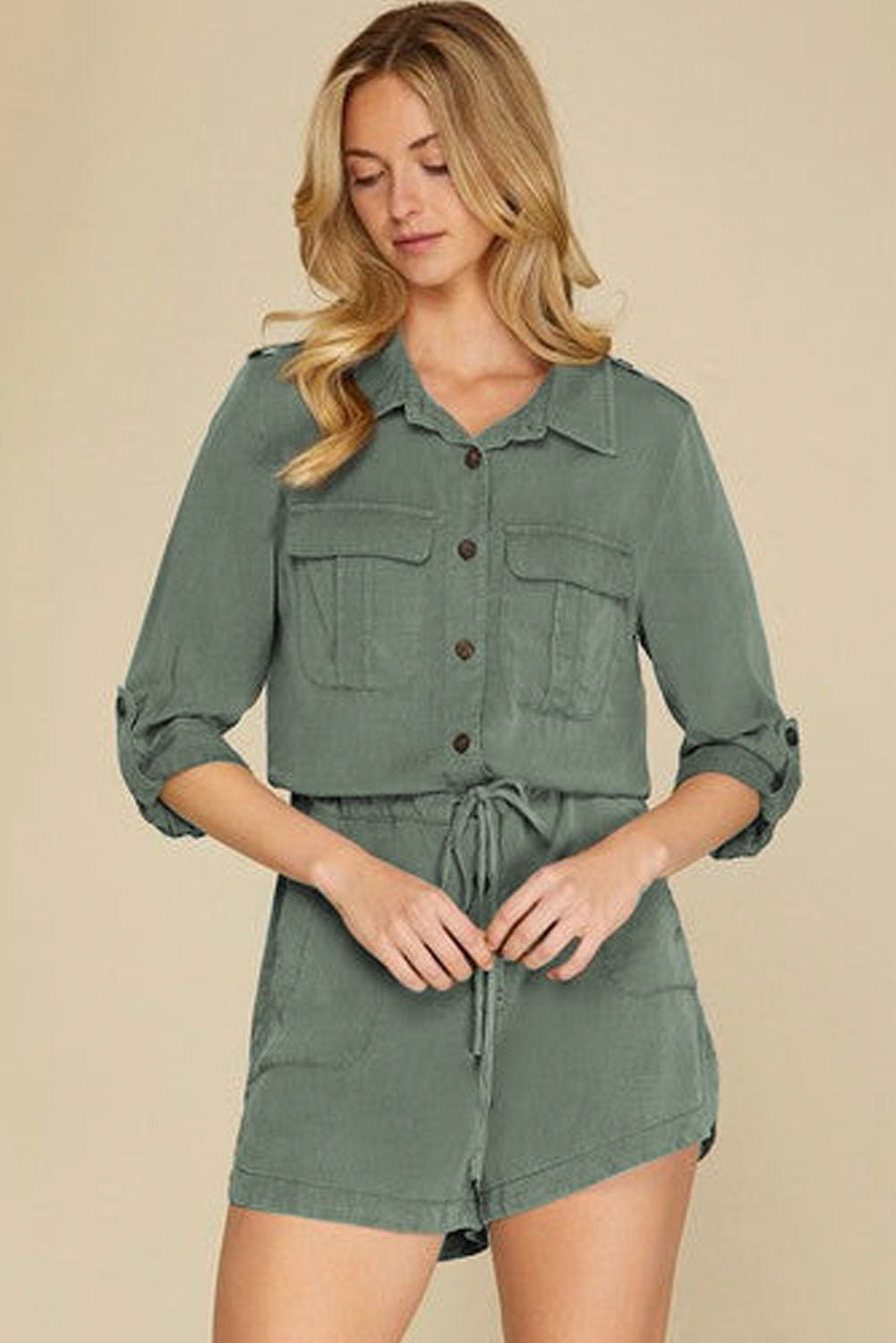 Reese Roll Up Sleeve Flap Pockets Drawstring Romper