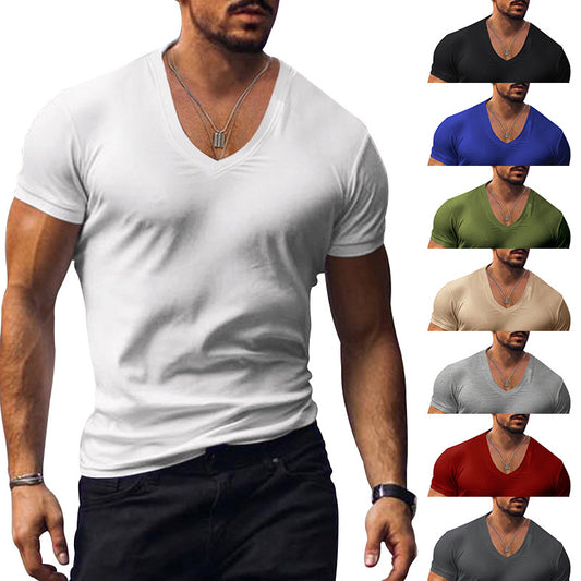 Men's T-shirt V-neck solid color slim fit casual