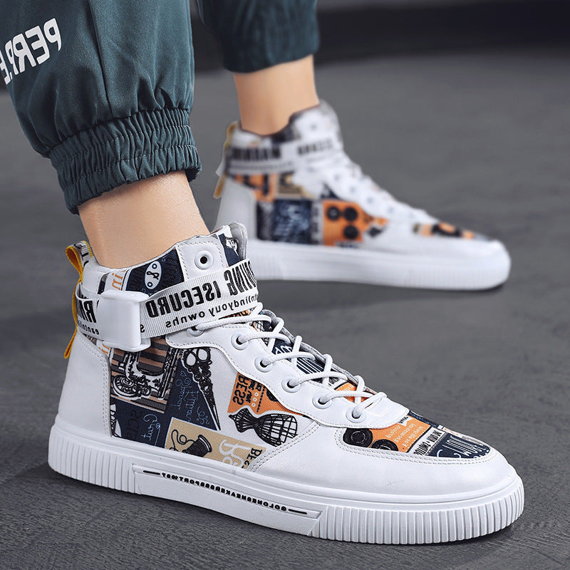 Spring men's trendy shoes, new black high top shoes for teenagers