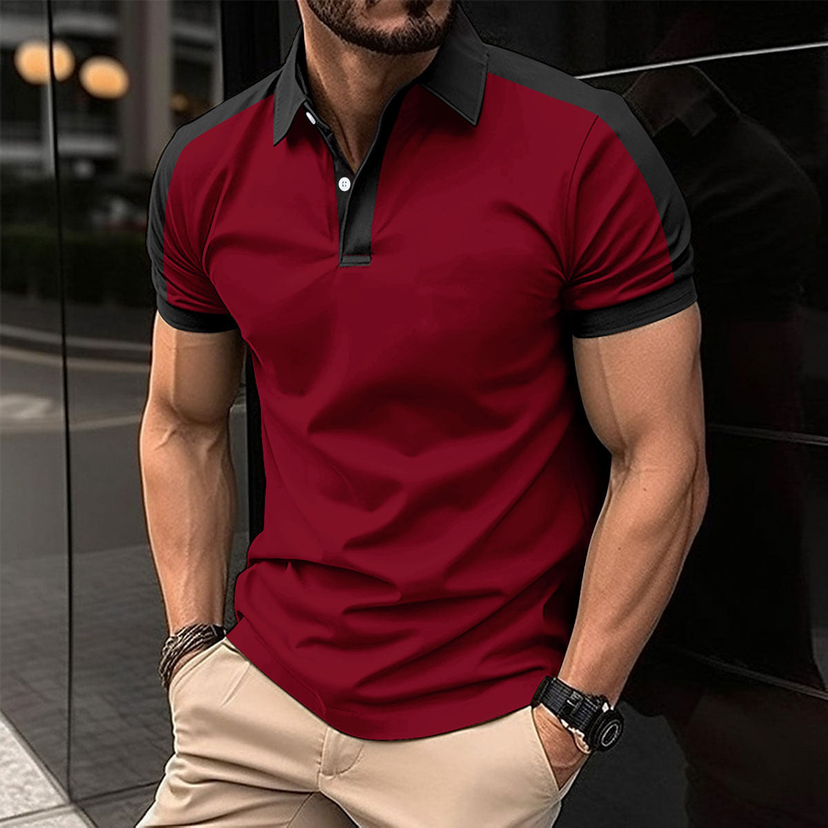 Casual polo shirt fashionable lapel button business color blocked versatile T-shirt top