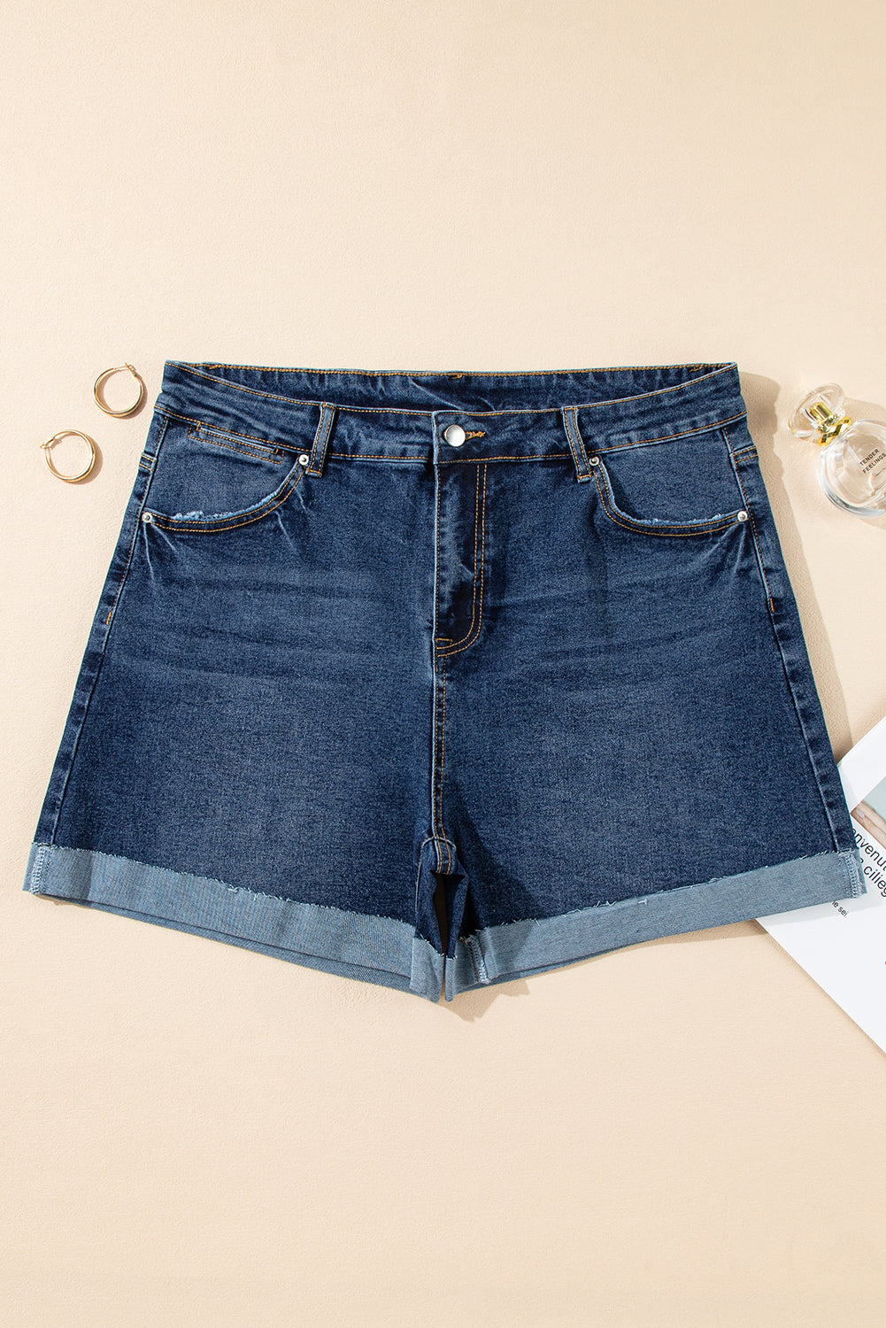 Sail Blue Folded Edge High Waist Plus Size Denim Shorts