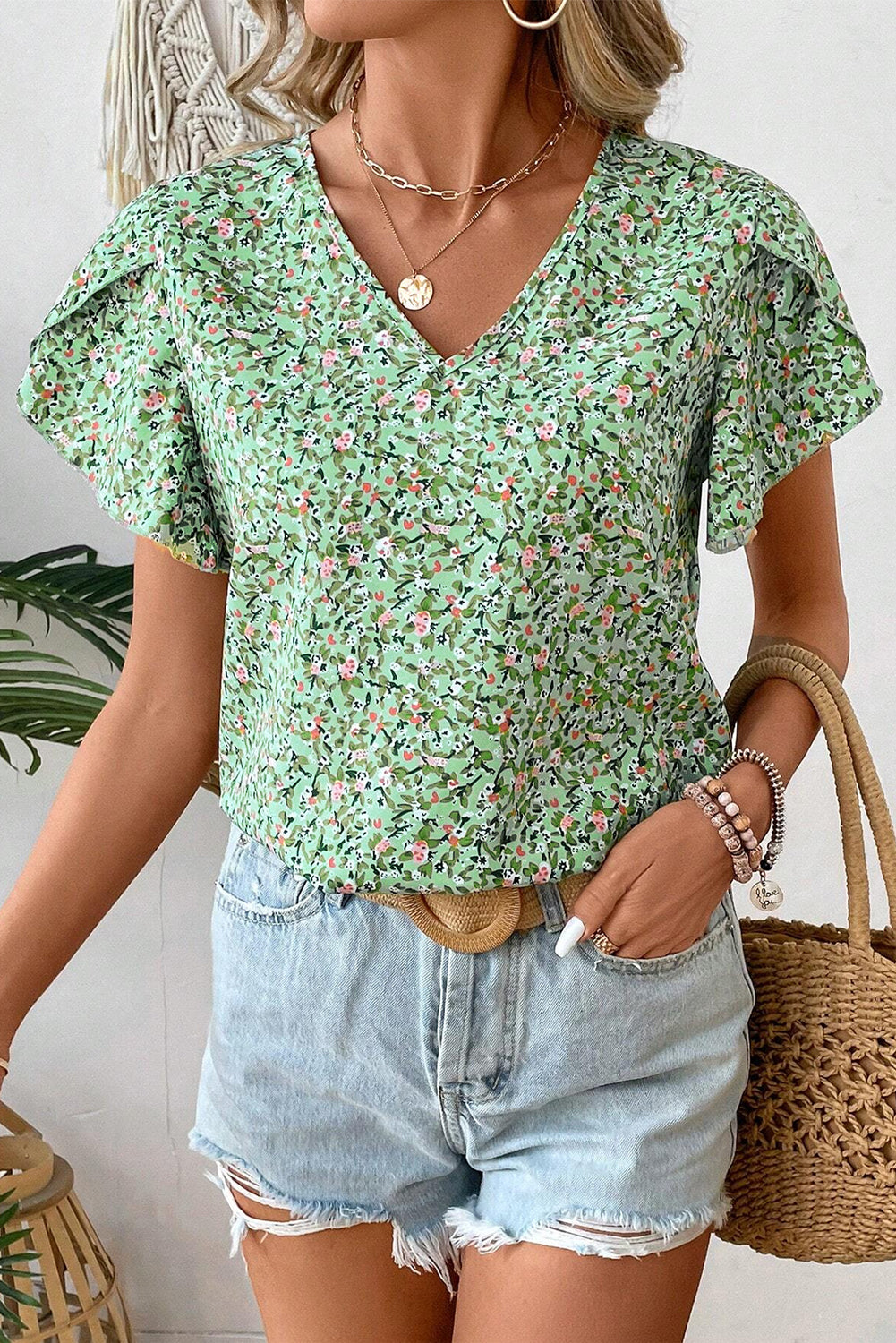 Green Boho Floral V Neck Wrap Short Sleeve Blouse