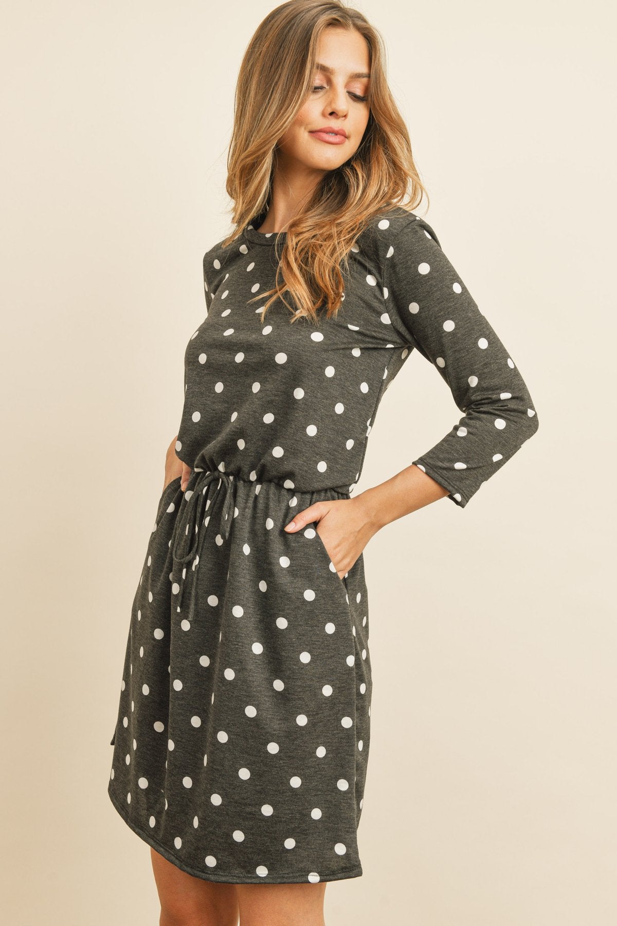 Polka Dot Print French Terry Cinch Waist Tie Front Dress With Pockets