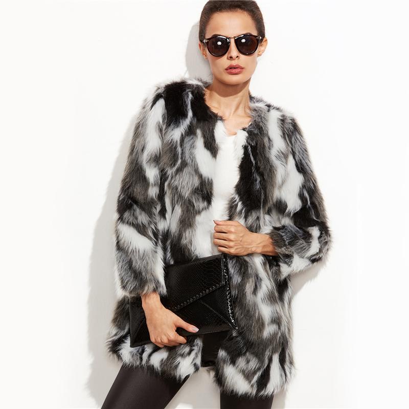 Faux Fur Fuzzy Color Block Open Front Coat