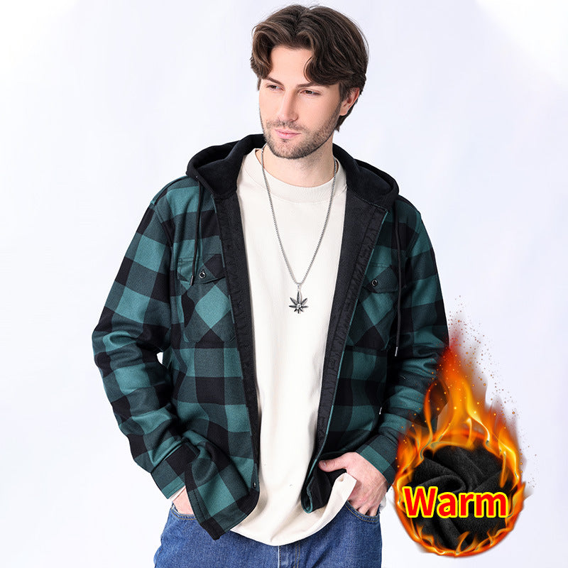 Casual fleece hooded checkered shirt for men