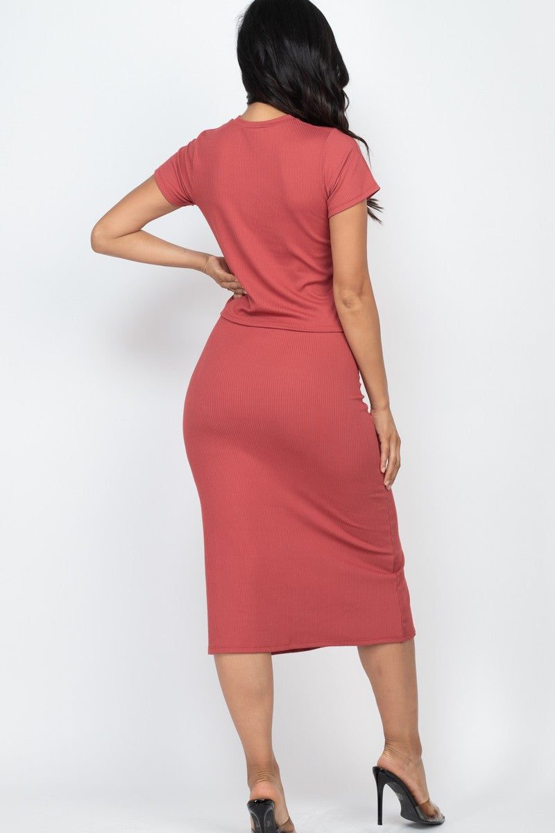 Short Sleeve Ribbed Top & Midi Skirt Set (CAPELLA)