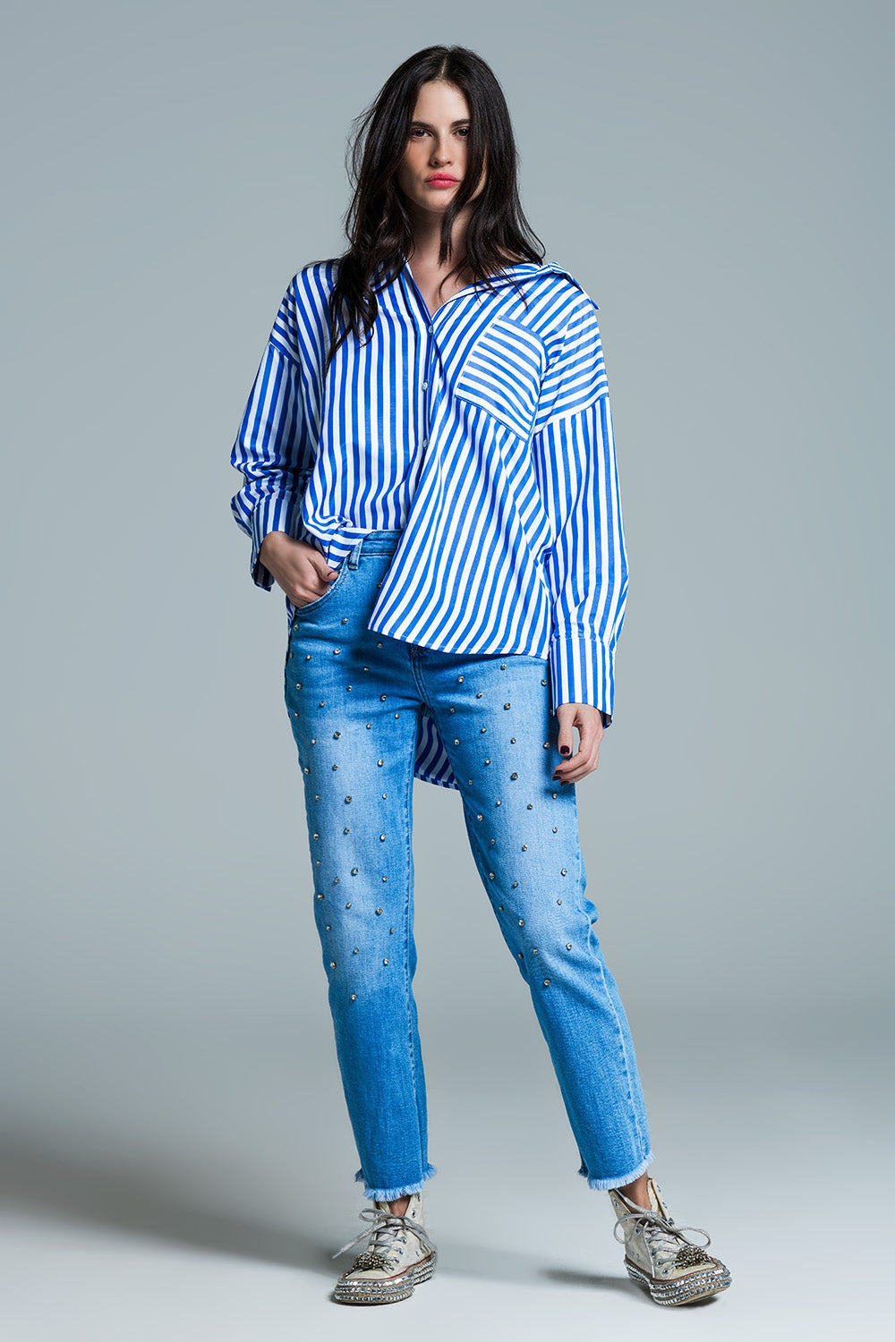 Oversized Blouse With Vertical Stripes in Blue