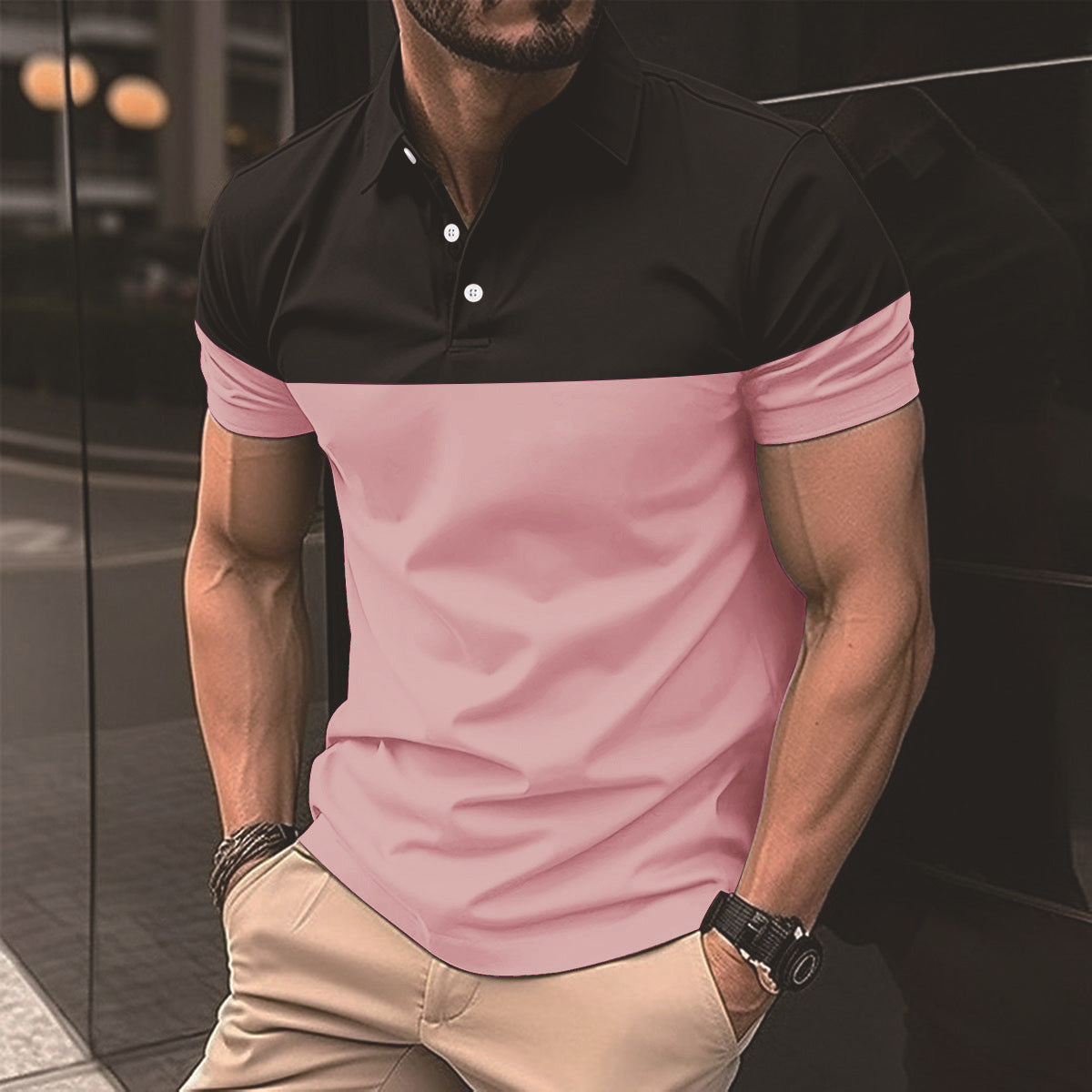 Men's casual polo shirt fashionable lapel button business color blocked versatile T-shirt top