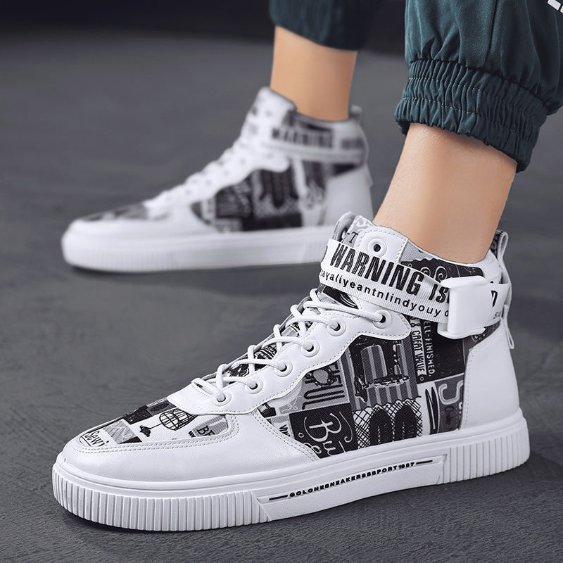 Spring men's trendy shoes, new black high top shoes for teenagers