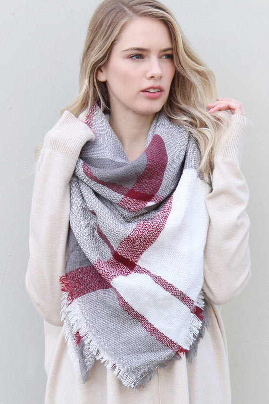 Hdf2211 - Gray Burgundy Blanket Fringe Scarf