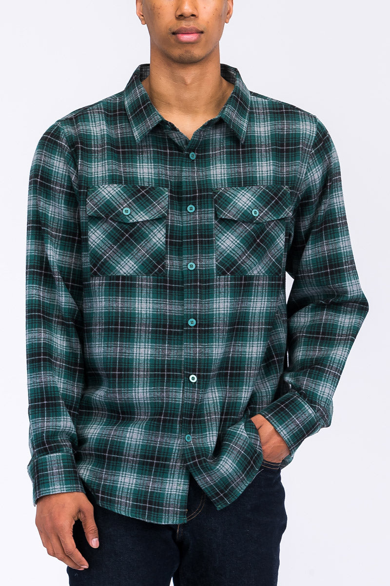 Long Sleeve Checkered Plaid Brushed Flannel