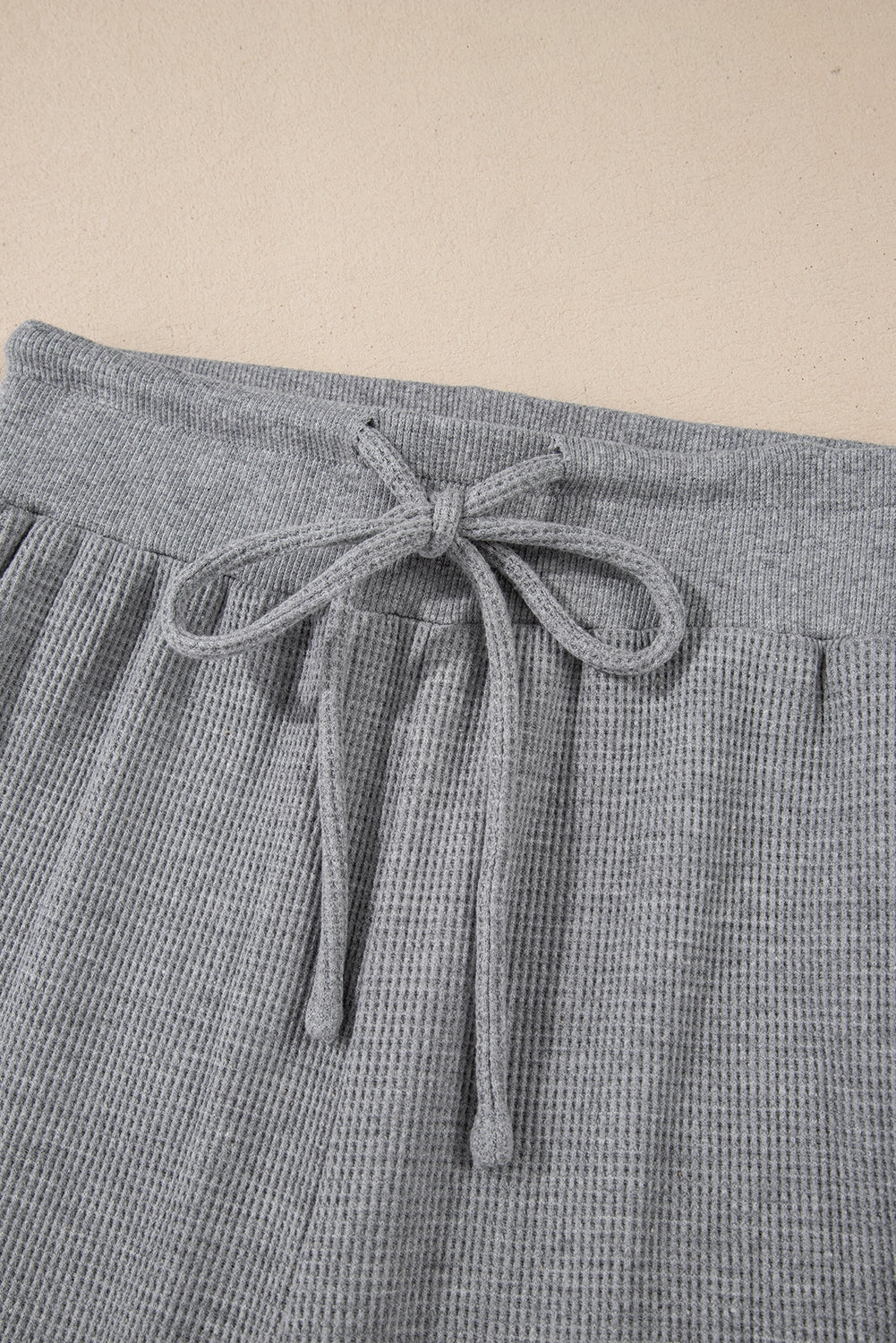 Gray Waffle Knit Drawstring High Waist Wide Leg Pants