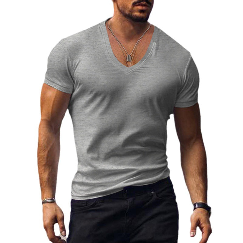 Men's T-shirt V-neck solid color slim fit casual