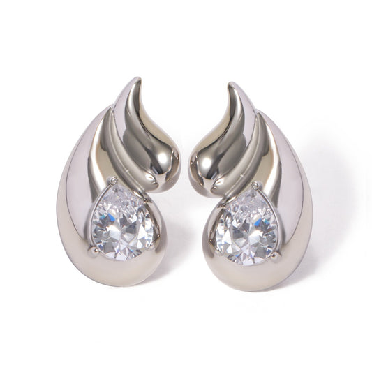 18k gold stainless steel white diamond earrings with double layered droplet