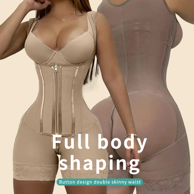 Plus waist cinching shapewear with reinforced double-layer abdominal shaping and hip lifting zipper opening one-piece corset