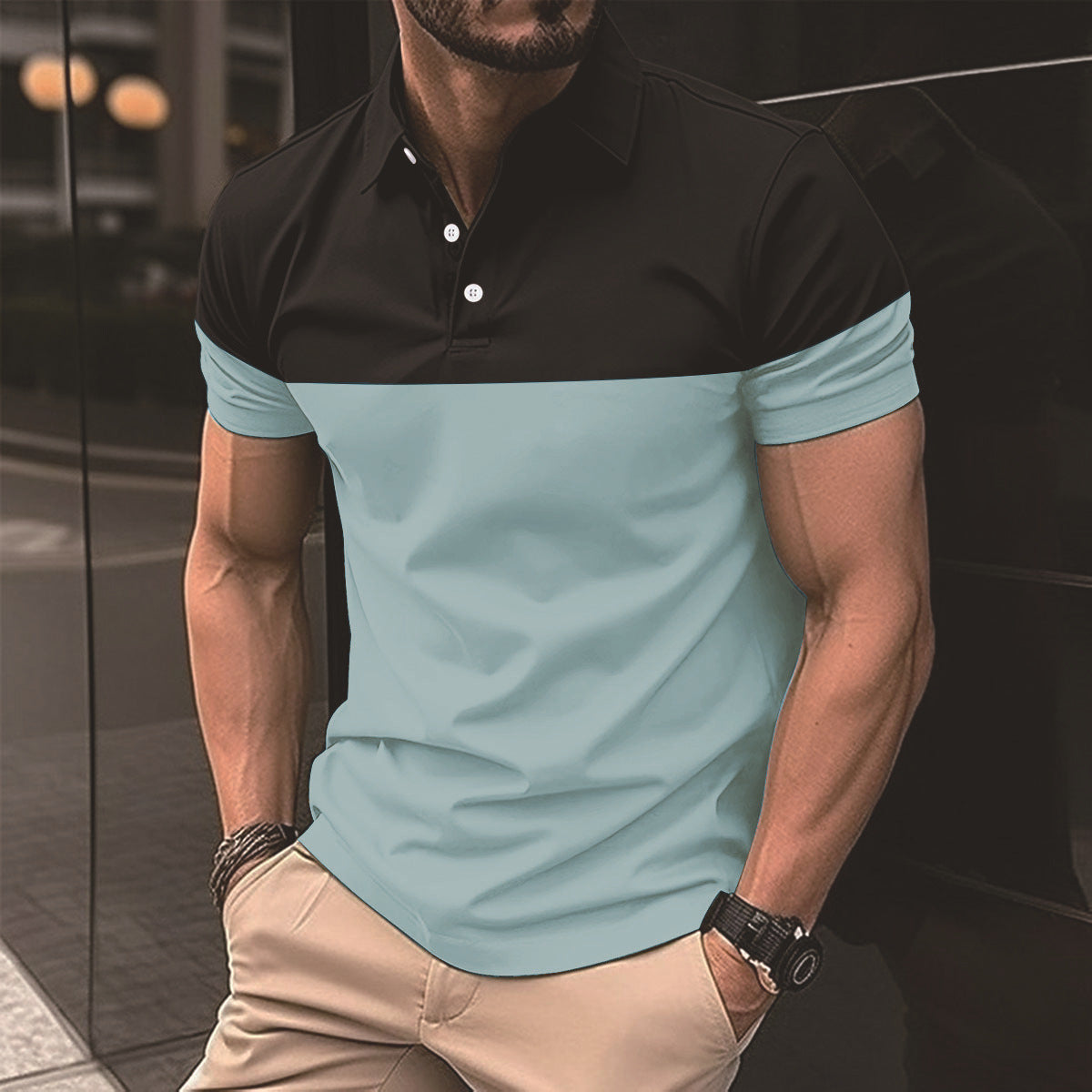 Men's casual polo shirt fashionable lapel button business color blocked versatile T-shirt top