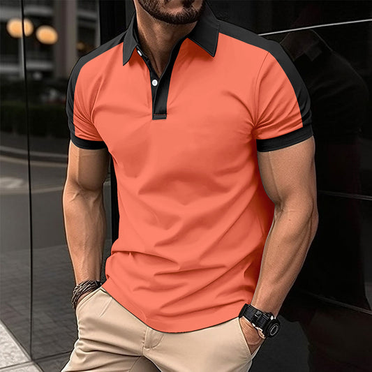 Casual polo shirt fashionable lapel button business color blocked versatile T-shirt top