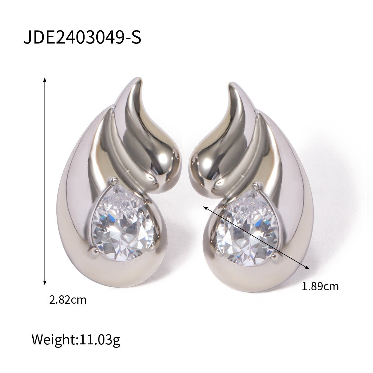 18k gold stainless steel white diamond earrings with double layered droplet