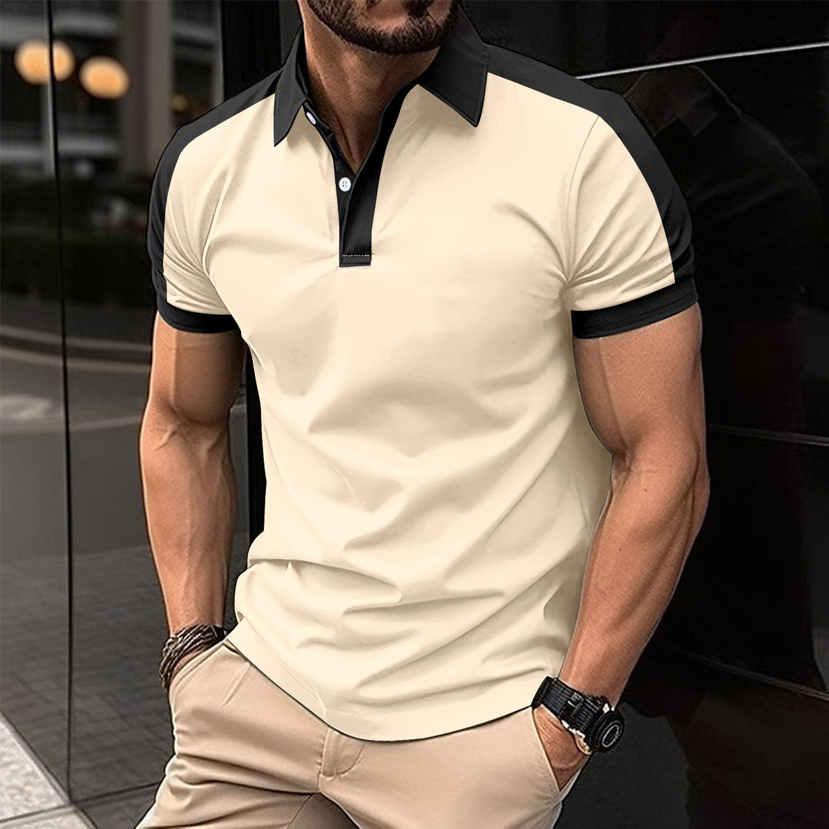 Casual polo shirt fashionable lapel button business color blocked versatile T-shirt top