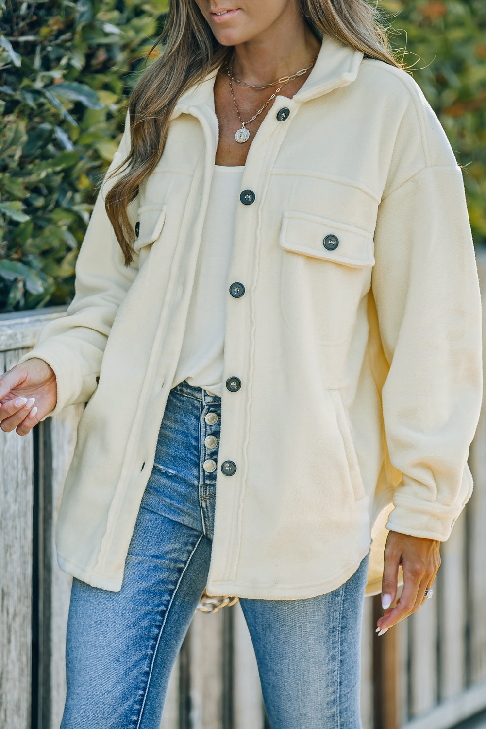 Beige Turn Down Collar Buttoned Shirt Jacket