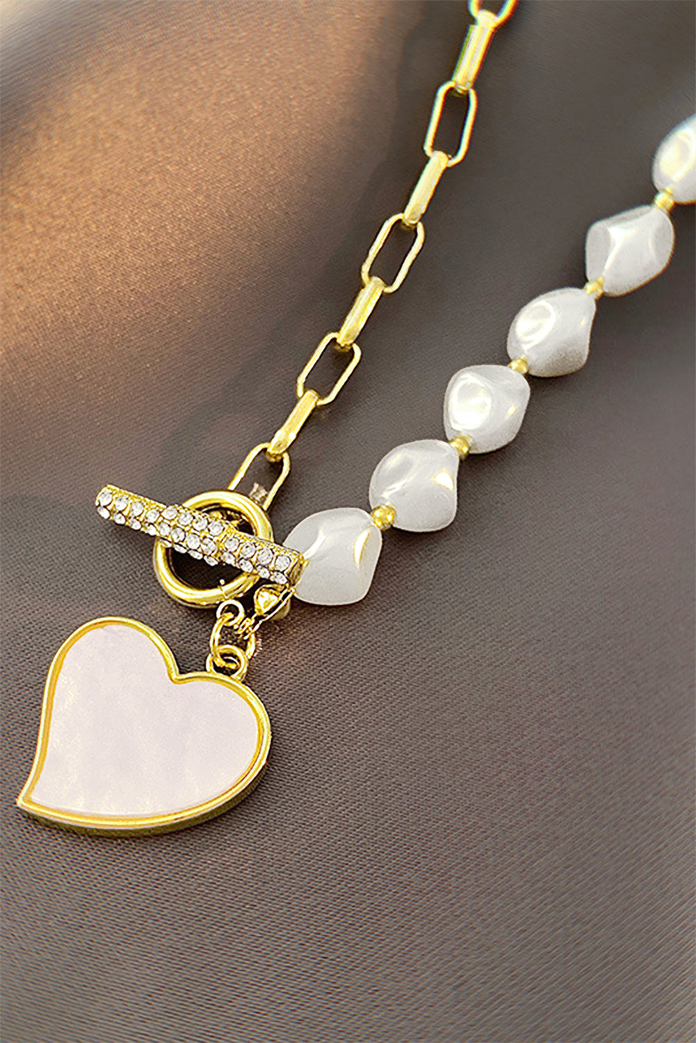 Gold Heart Shape Pendant Rhinestone Decor Pearl Chain Necklace