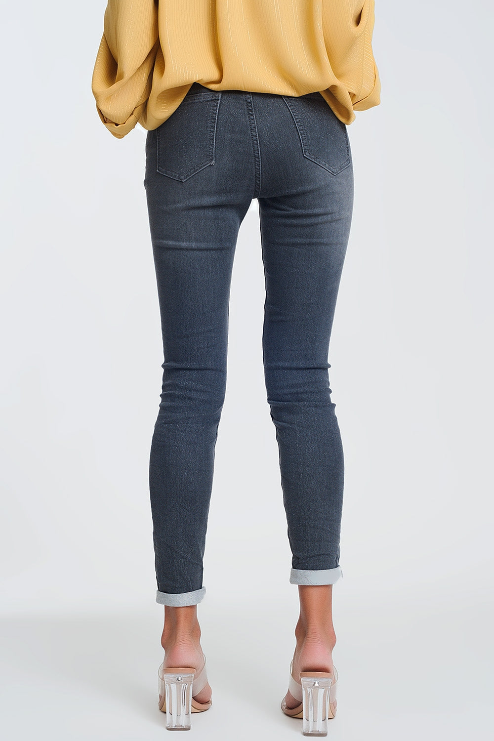 High Waisted Denim Jeans in Glitter Fabric