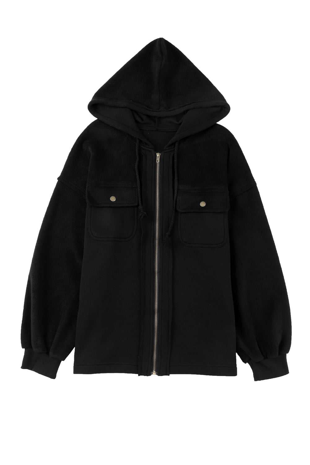 Black Flap Pocket Drawstring Hood Zip Up Jacket