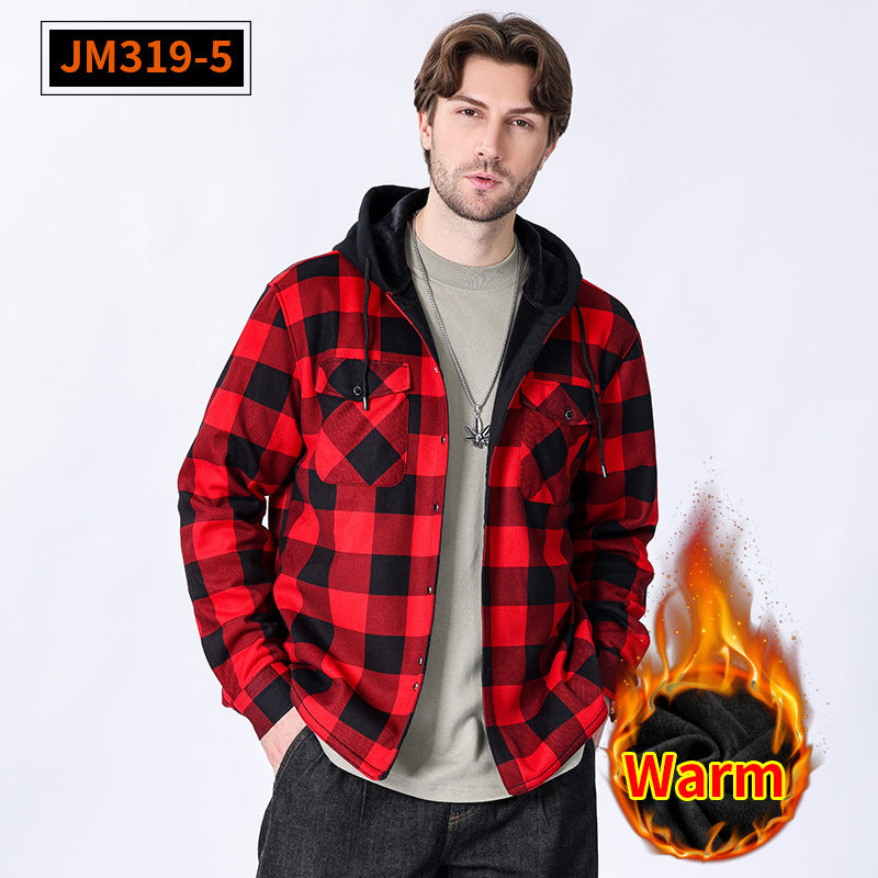 Casual fleece hooded checkered shirt for men