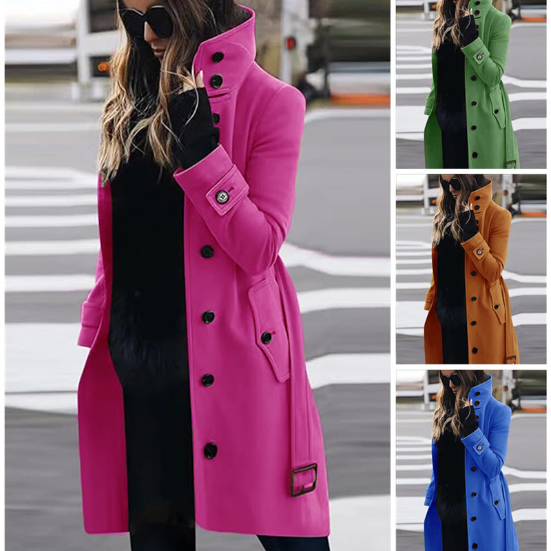 Autumn and winter coat single row multi button woolen button collar coat