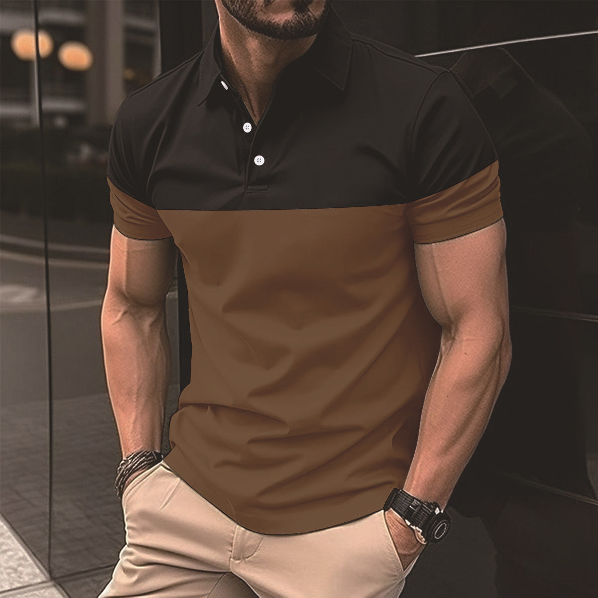 Men's casual polo shirt fashionable lapel button business color blocked versatile T-shirt top