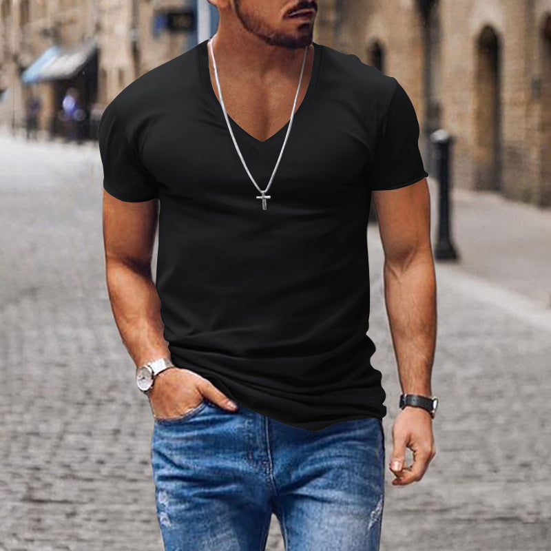 Men's T-shirt V-neck solid color slim fit casual