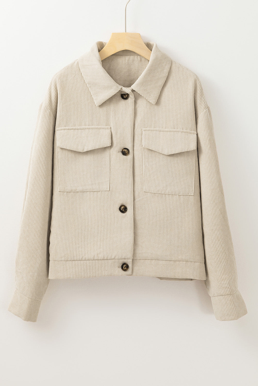 Beige Flap Pockets Buttoned Turn Down Collar Corduroy Shacket