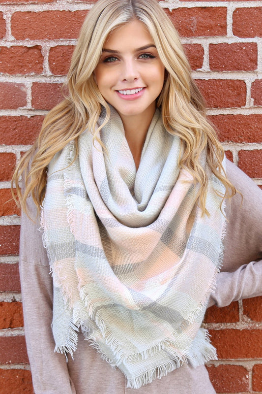 Light Gray Pink Blanket Fringe Scarf