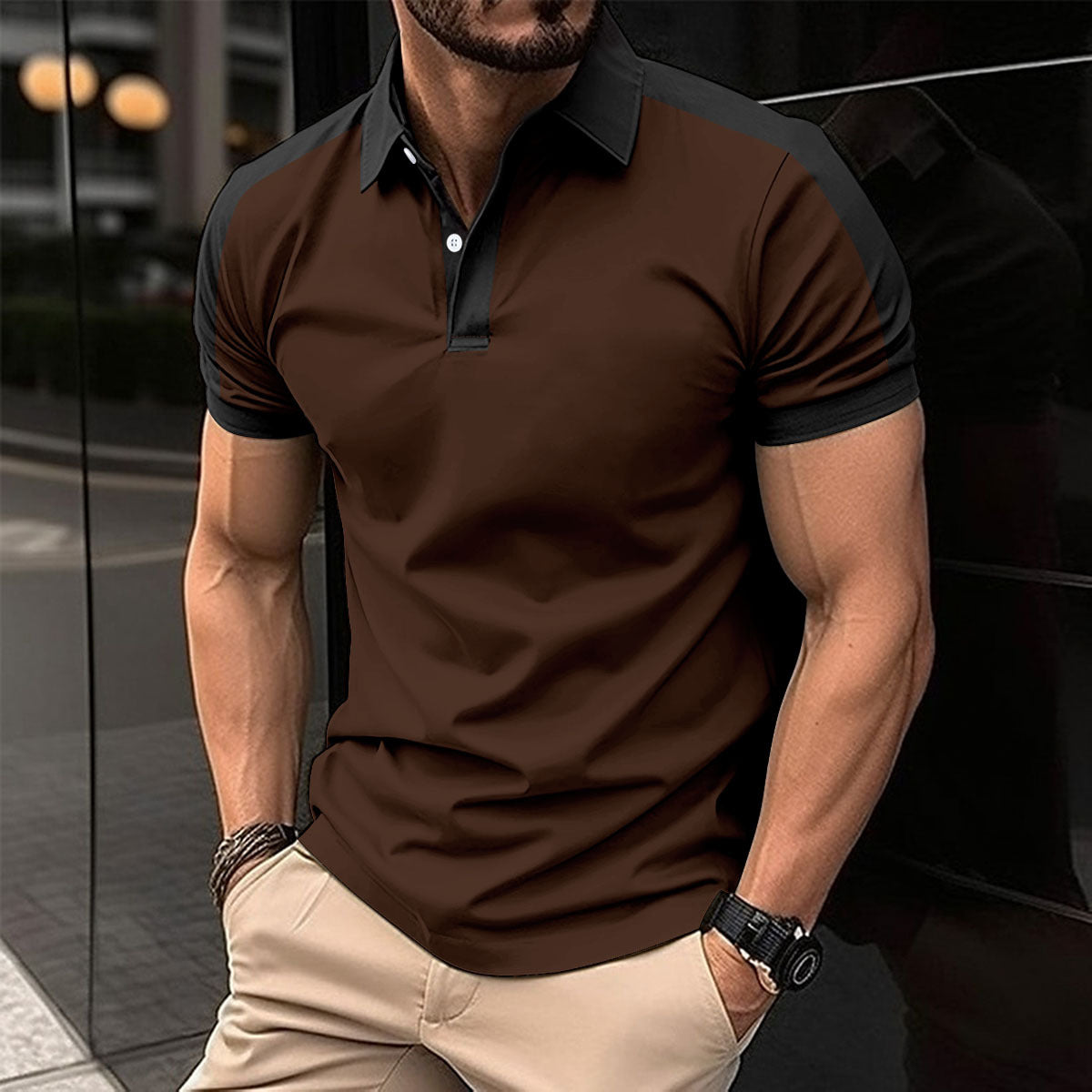 Casual polo shirt fashionable lapel button business color blocked versatile T-shirt top