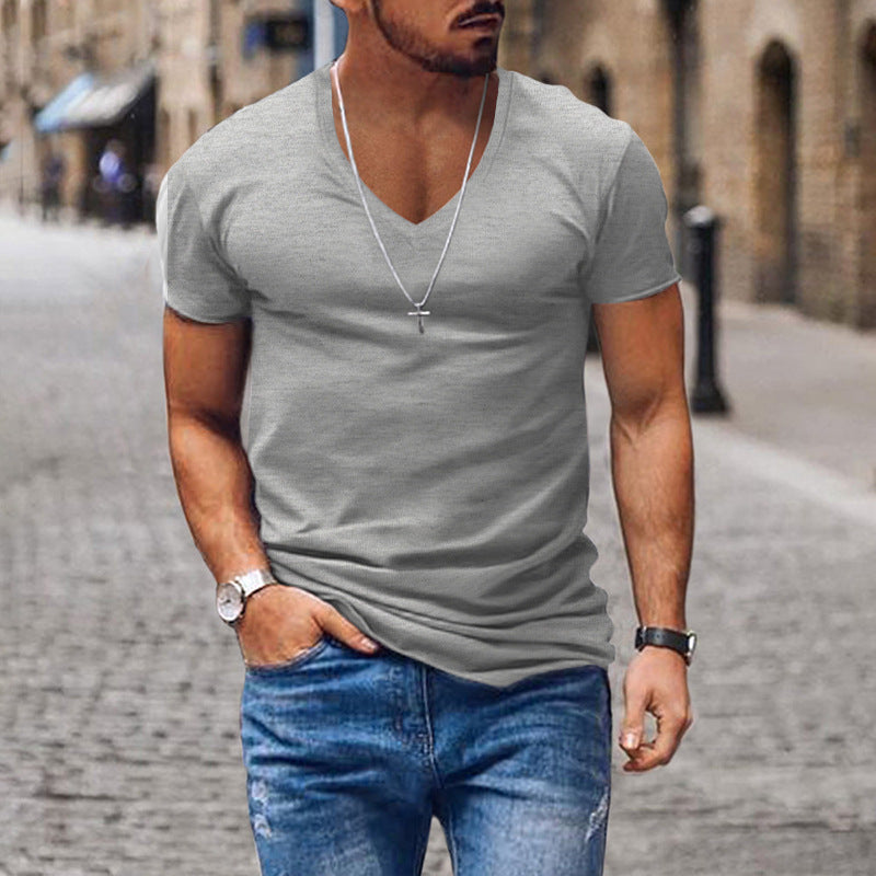 Men's T-shirt V-neck solid color slim fit casual