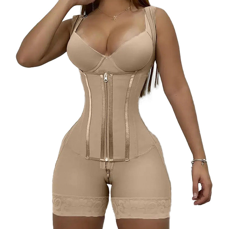 Plus waist cinching shapewear with reinforced double-layer abdominal shaping and hip lifting zipper opening one-piece corset