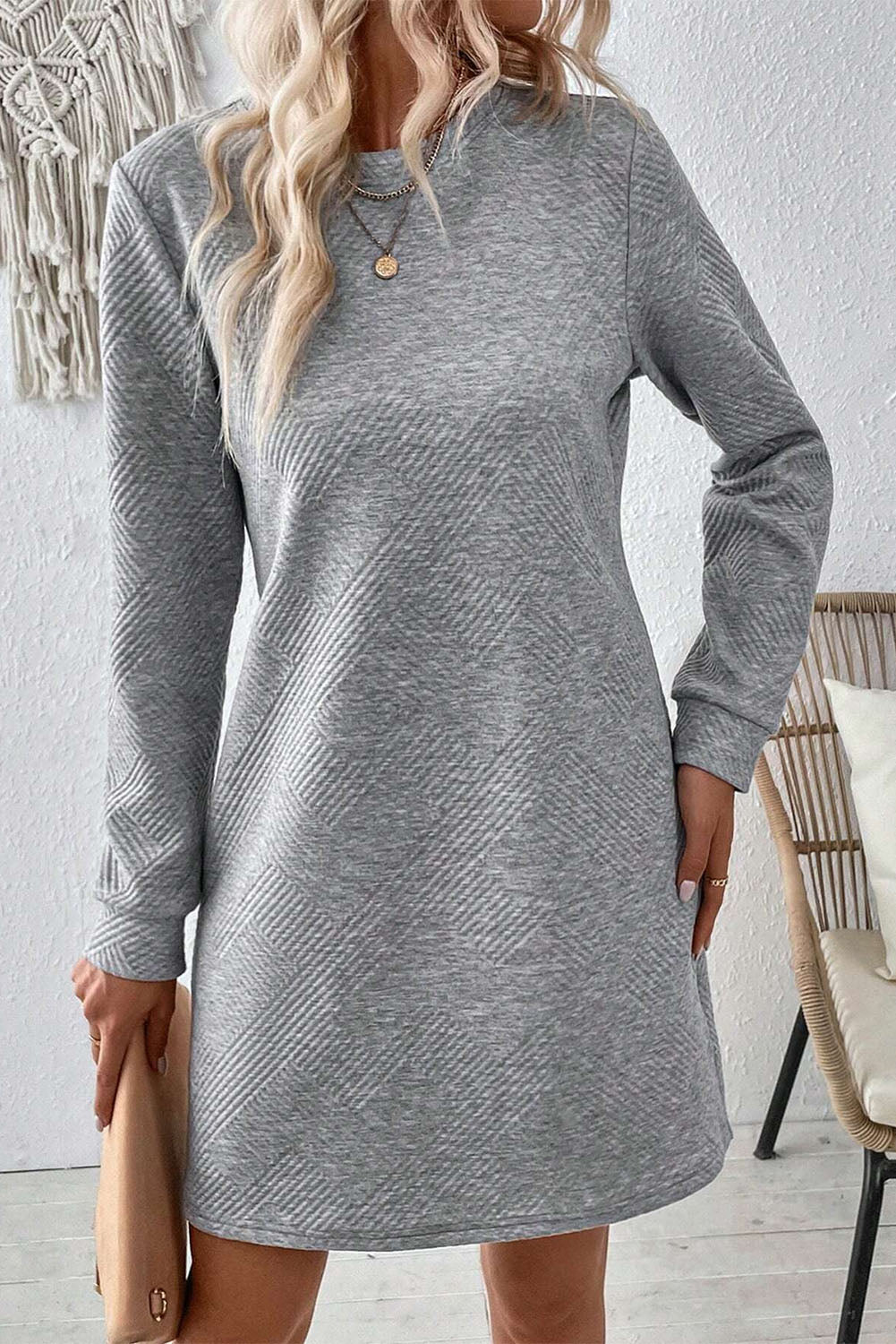 Gray Solid Color Textured Long Sleeve Shift Dress