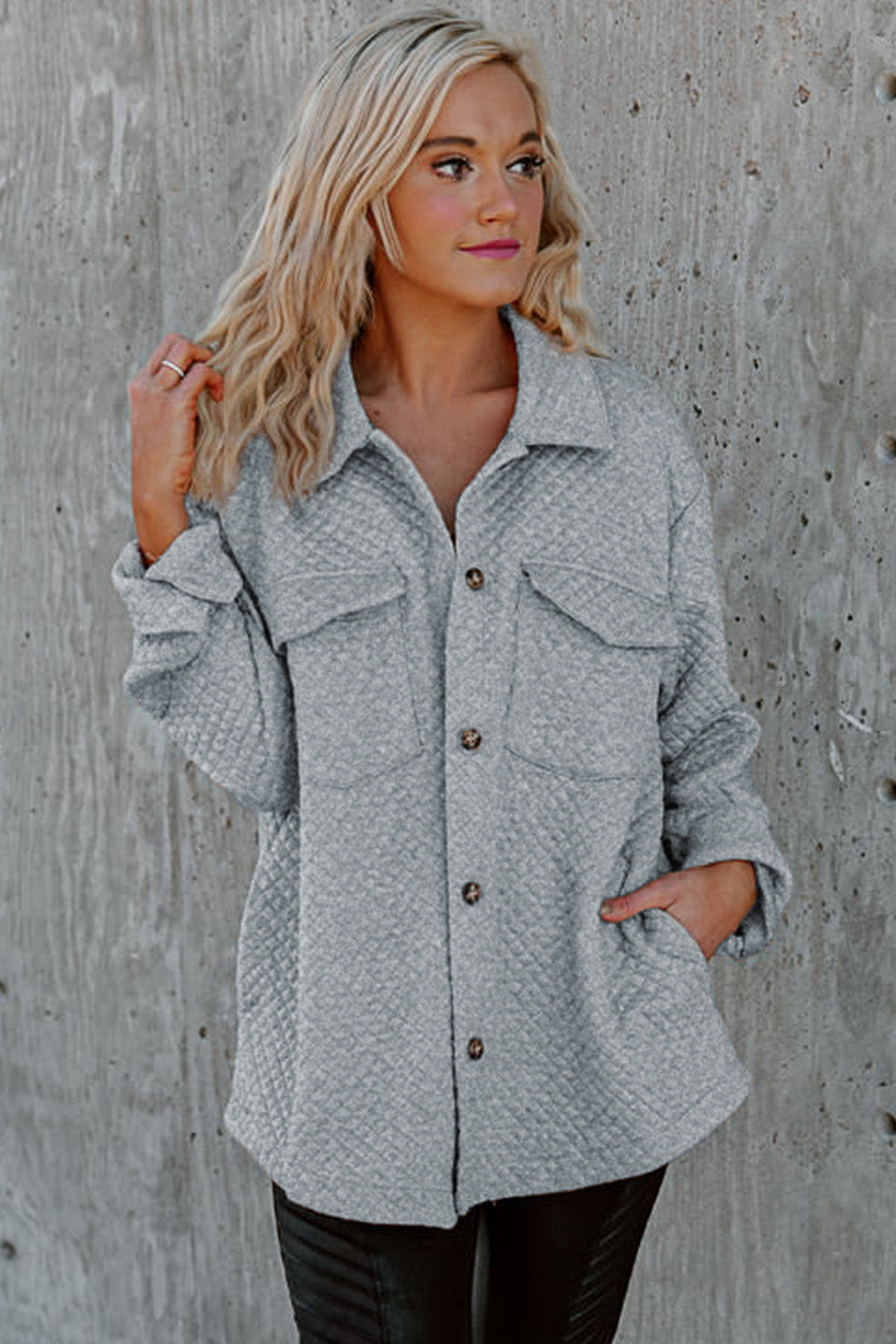 Gray Retro Quilted Flap Pocket Button Shacket