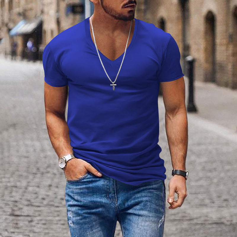 Men's T-shirt V-neck solid color slim fit casual