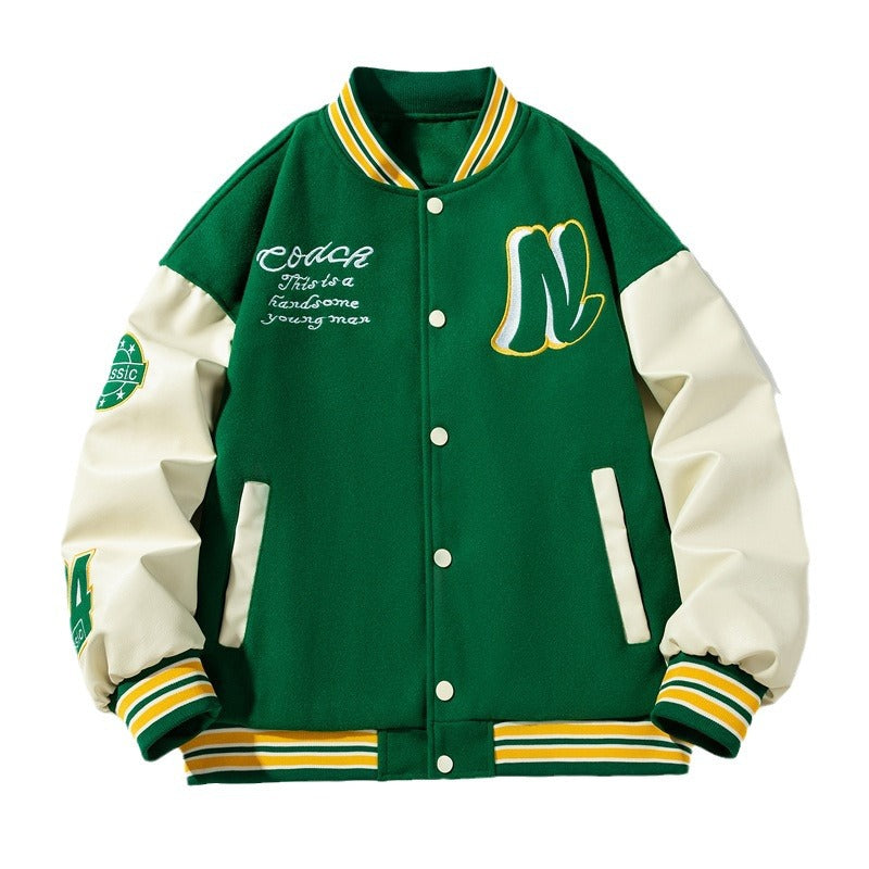 Baseball jacket men's embroidered and spliced