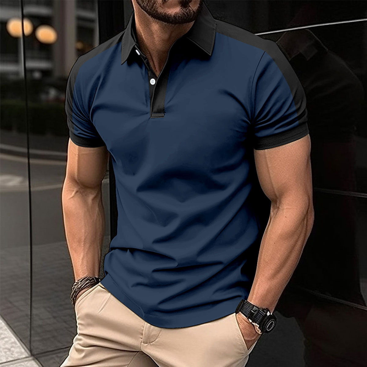 Casual polo shirt fashionable lapel button business color blocked versatile T-shirt top