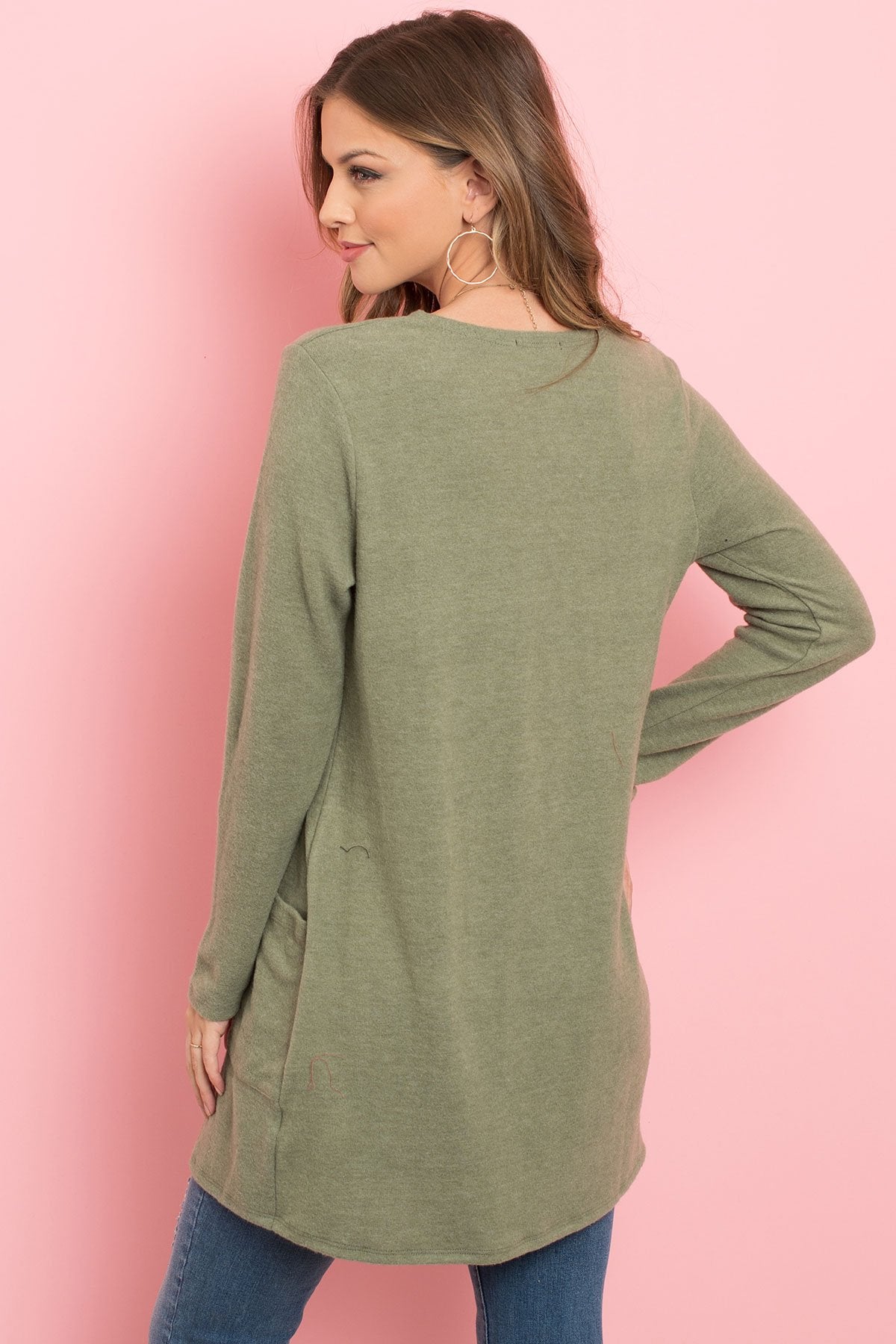 Solid Long Sleeved Open Front Pocket Cardigan