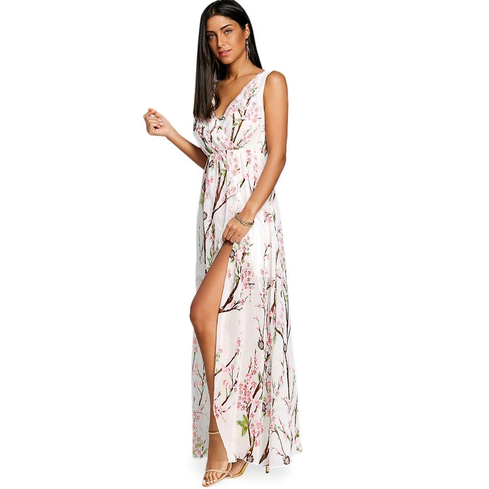 V-Neck High Slit Floral Chiffon Flowy Dress