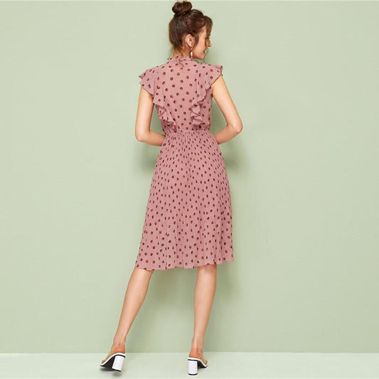 Pink Tie Neck Ruffle Trim Dot Pleated Fit and Flare Empire Dresses