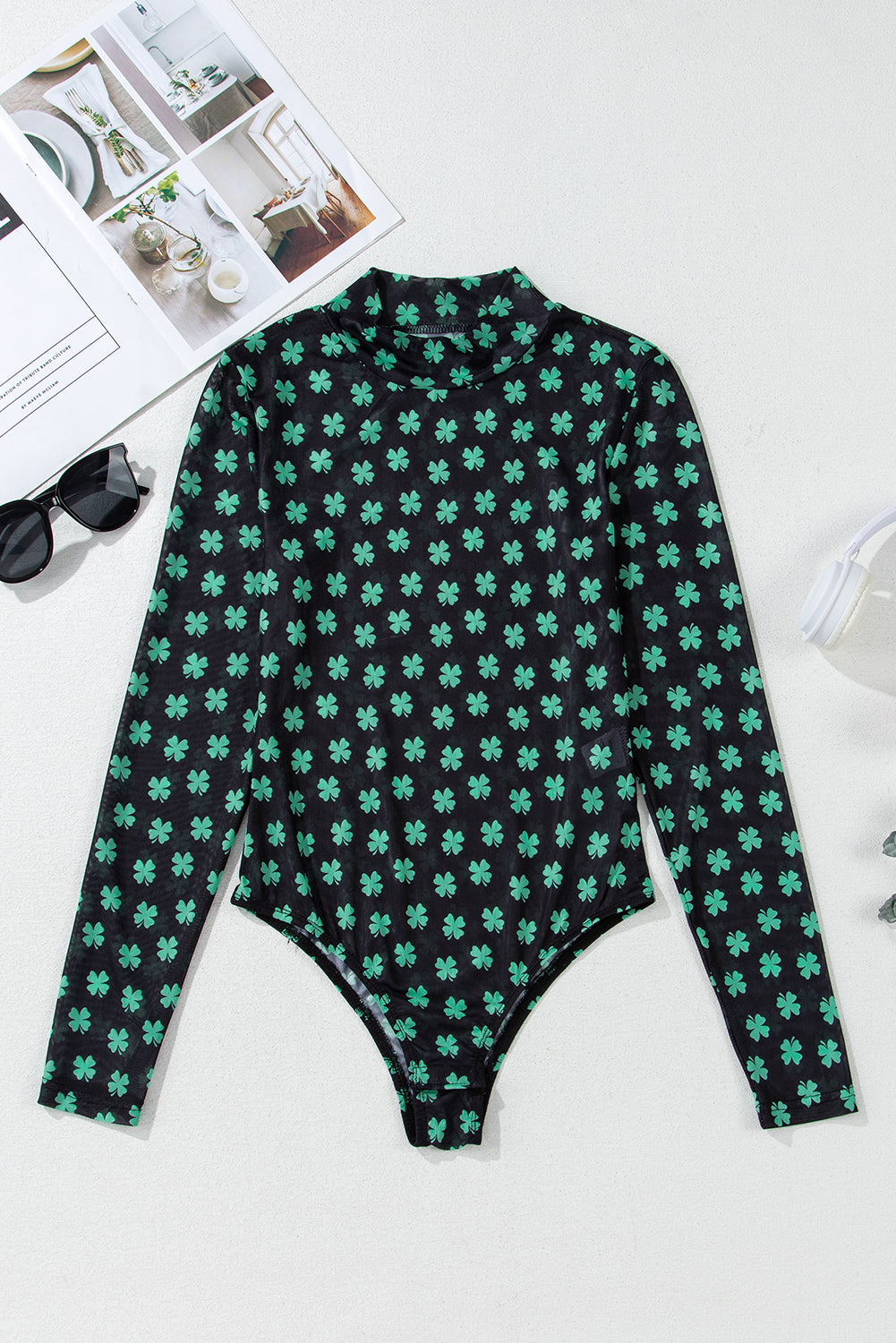 Green St Patrick Shamrock Printed Long Sleeve Mesh Bodysuit