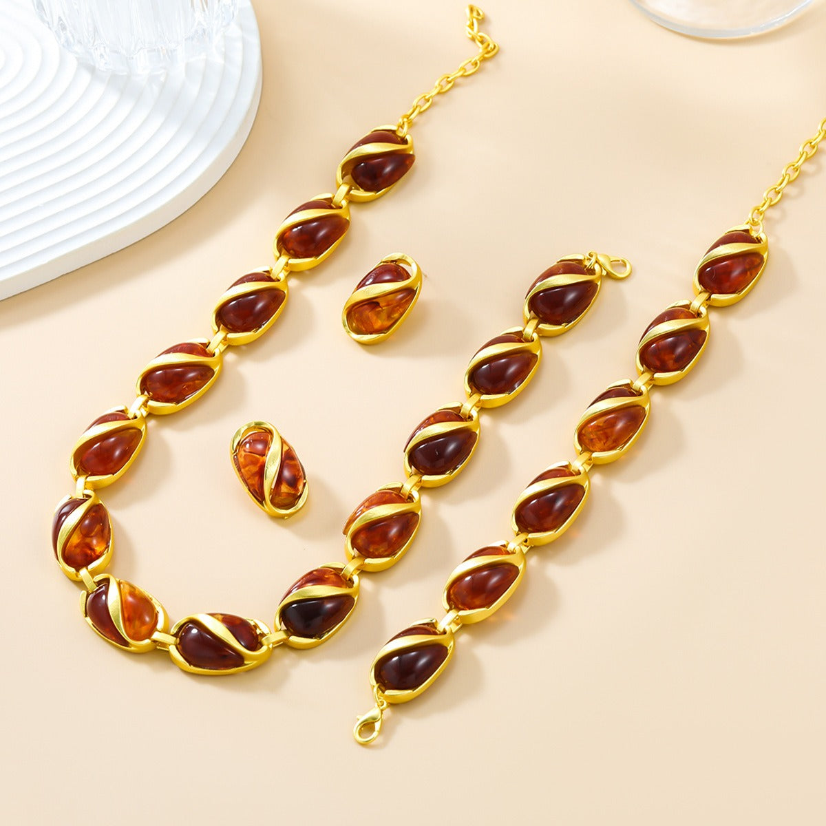 Earrings, bracelets and necklaces set for women multi-layered oval alloy resin exaggerated jewelry