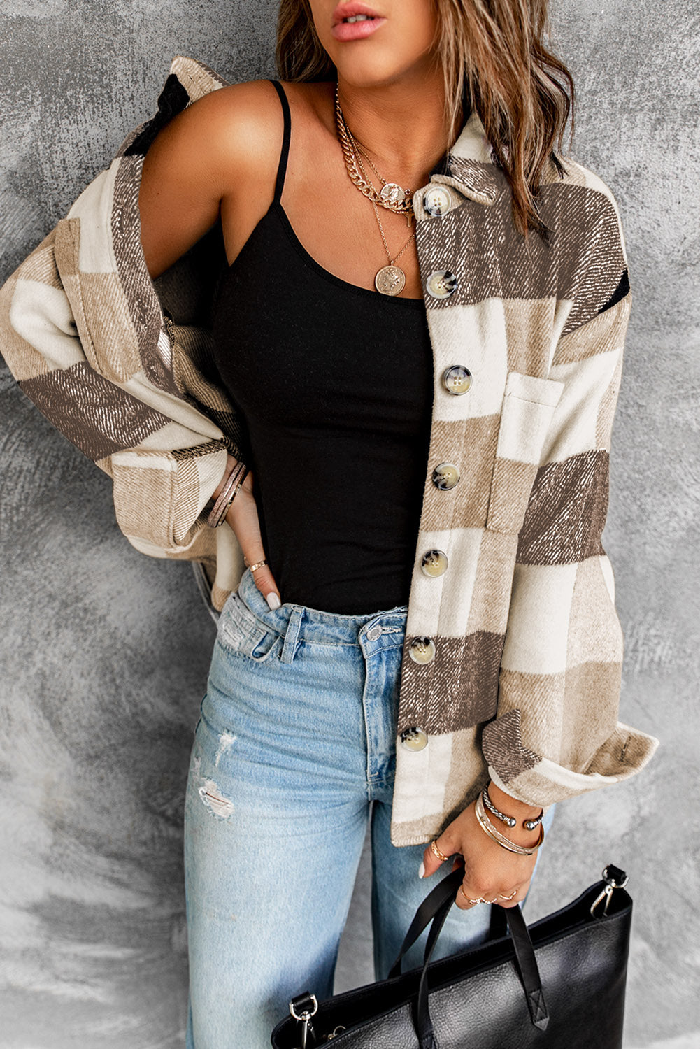 Khaki Plaid Color Block Buttoned Long Sleeve Jacket with Pocket