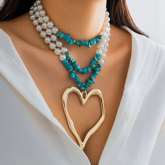 Retro multi-layered big love turquoise necklace