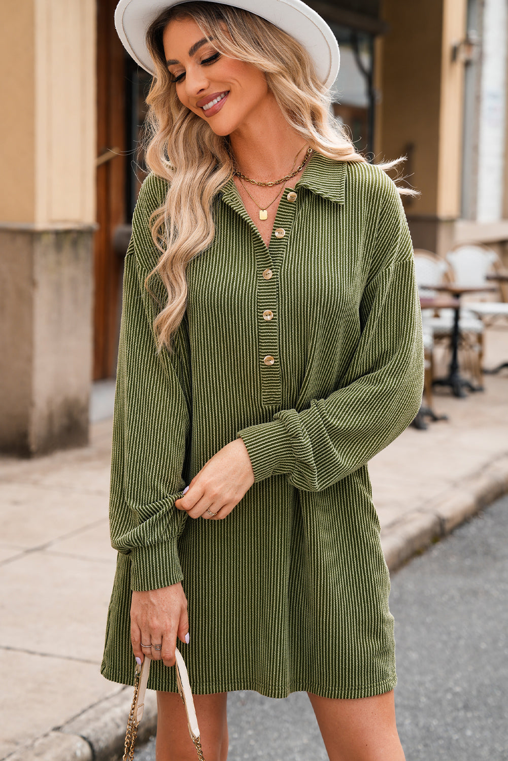 Moss Green Corded Buttons Placket Drop Shoulder Collared Shift Dress