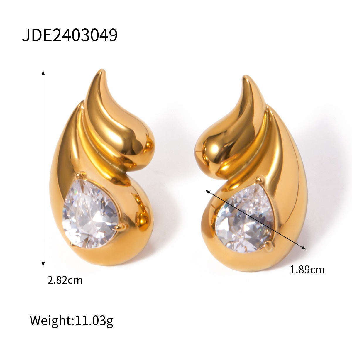 18k gold stainless steel white diamond earrings with double layered droplet